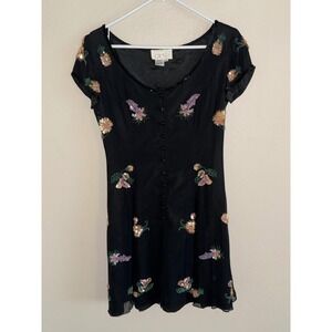 Vintage Cache Black 100% Silk Beaded Pineapple Floral Mini Dress Womens 6